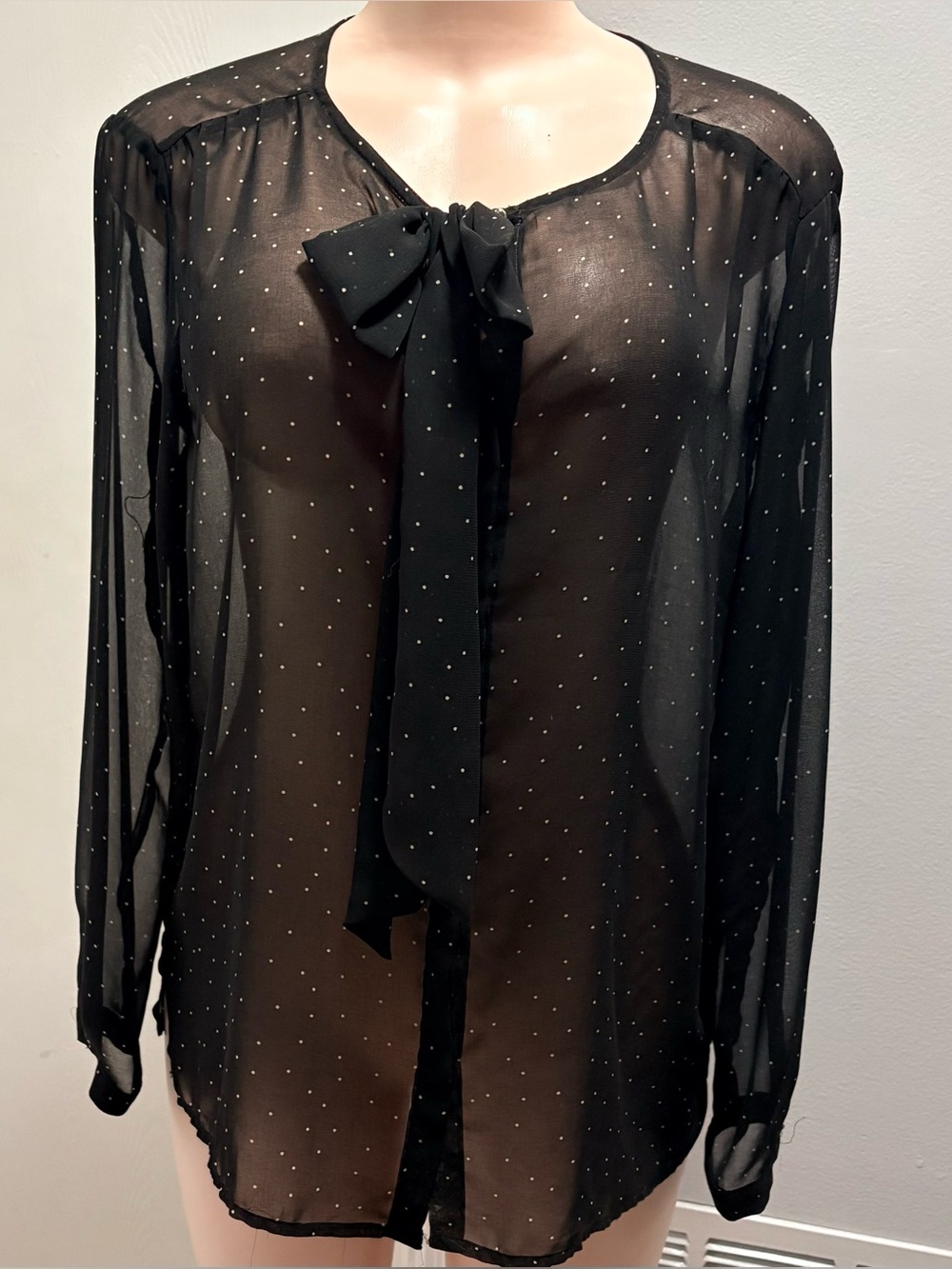 Zara Basic Black Polka Dot Sheer Blouse w/ Bow Women’s Size XL